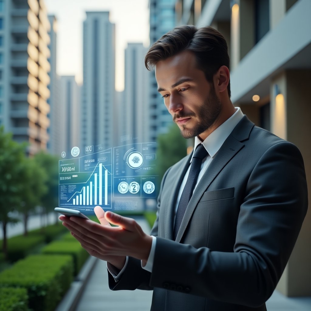 (Ultra-realistic condominium manager in a charcoal gray executive suit, set in a modern luxury condominium environment with high-rise buildings and meticulously maintained green landscaping, examining a holographic financial dashboard displaying cost-saving charts and budget forecasts with a thoughtful, confident expression, floating icons of coins and gears surrounding the interface, cinematic lighting, shallow depth of field, highly detailed textures, realistic skin, photographic realism, 8k resolution --ar 1:1 --v 6)