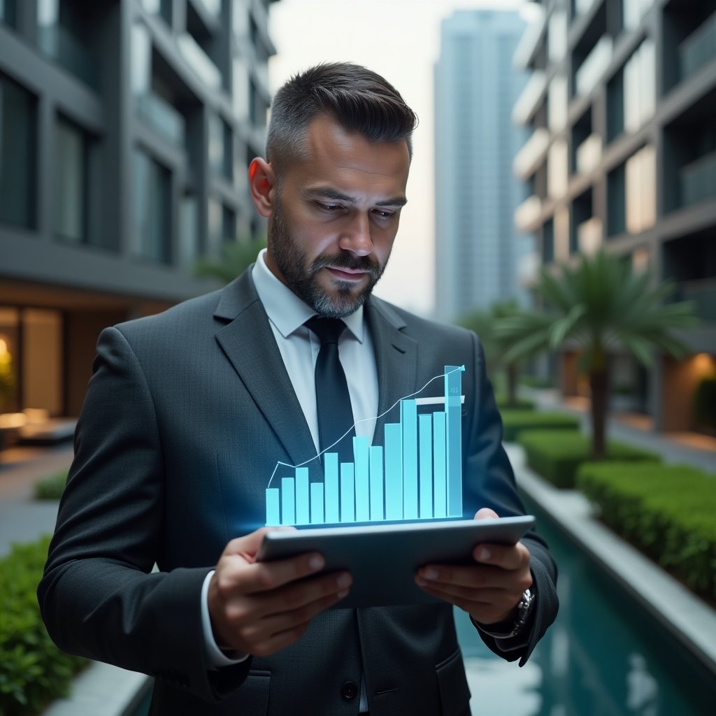 Ultra-realistic condominium manager in a charcoal gray suit, set in a modern luxury condominium environment with high-rise buildings and meticulously landscaped gardens, reviewing a holographic cost-saving bar chart projected from a sleek tablet, confident expression, cinematic lighting, shallow depth of field, highly detailed textures, realistic skin, photographic realism, 8k resolution --ar 1:1 --v 6
