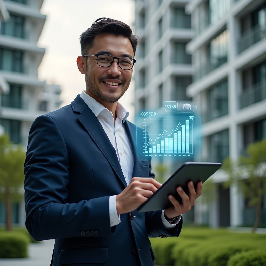(Ultra-realistic condominium manager in a tailored navy suit, set in a modern luxury condominium environment with high-rise buildings and lush landscaping, holding a transparent tablet projecting a holographic budget chart with cost-saving graphs, confidently analyzing figures with a subtle smile, a floating piggy bank icon symbolizing savings, cinematic lighting, shallow depth of field, highly detailed textures, realistic skin, photographic realism, 8k resolution --ar 1:1 --v 6)