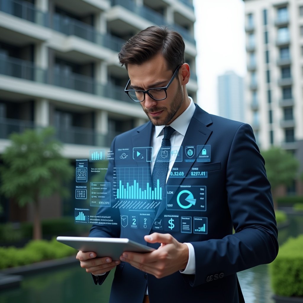 (Ultra-realistic condominium manager in a navy blue tailored suit, set in a modern luxury condominium environment with high-rise buildings and meticulously maintained greenery, reviewing a holographic financial dashboard projected above a tablet, confident and focused expression, floating icons of budget charts, maintenance tools and digital graphs surrounding them, cinematic lighting, shallow depth of field, highly detailed textures, realistic skin, photographic realism, 8k resolution --ar 1:1 --v 6)