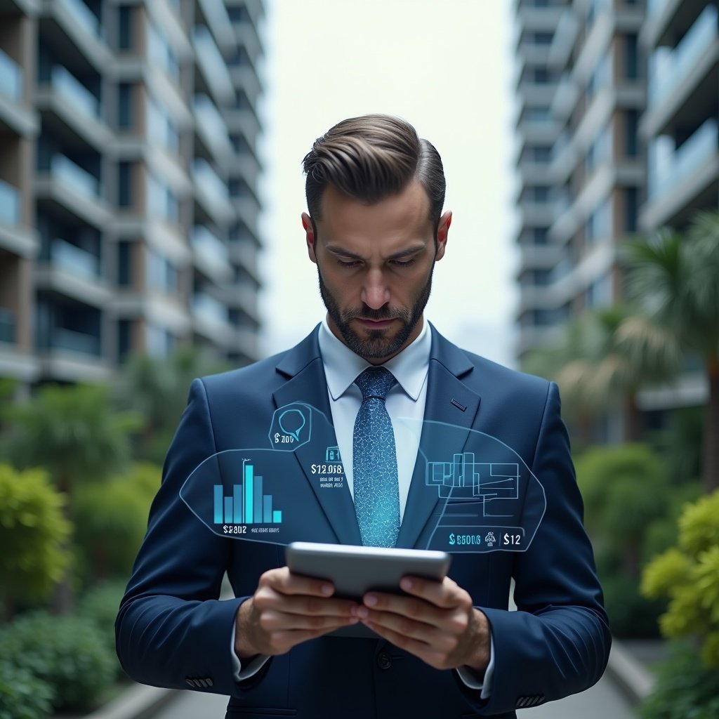 Ultra-realistic condominium manager in a navy-blue suit, reviewing a digital tablet with holographic budget charts and cost-saving icons floating around, set in a modern luxury condominium environment with high-rise buildings and lush green landscaping, confident and focused expression, cinematic lighting, shallow depth of field, highly detailed textures, realistic skin, photographic realism, 8k resolution --ar 1:1 --v 6