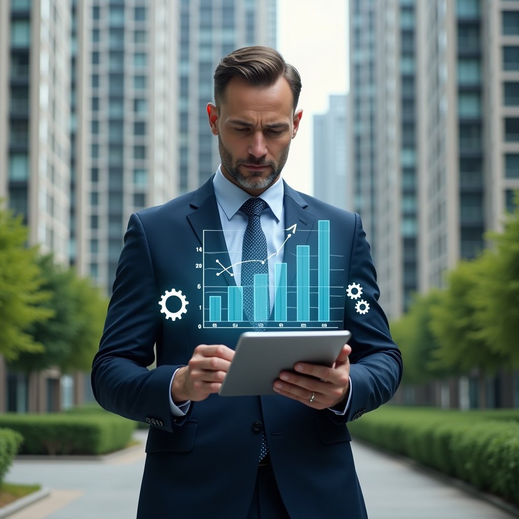 Ultra-realistic condominium manager in a navy tailored suit, set in a modern luxury condominium environment with high-rise buildings and manicured green landscaping, holding a tablet and analyzing floating holographic budget charts, confident expression, symbolic icons of cost reduction and gears representing efficiency, cinematic lighting, shallow depth of field, highly detailed textures, realistic skin, photographic realism, 8k resolution --ar 1:1 --v 6