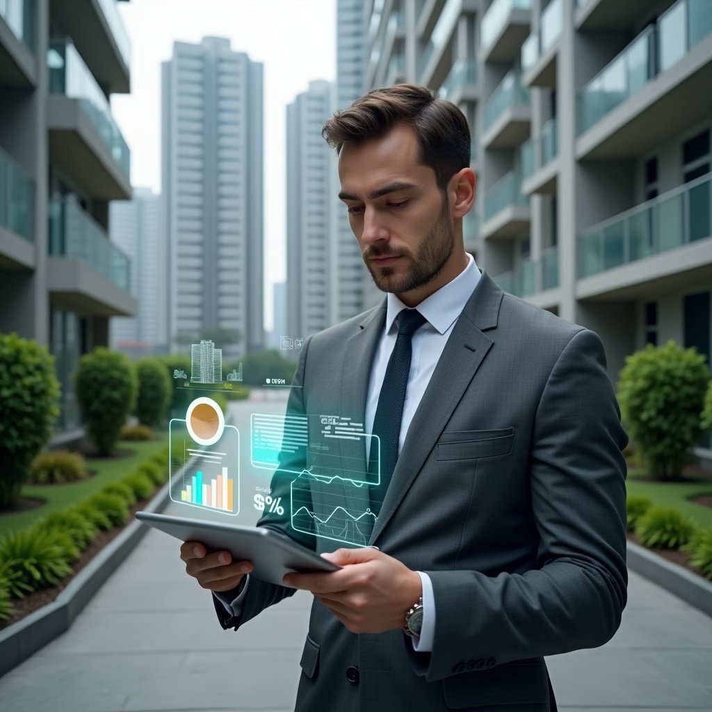 Ultra-realistic condominium manager in a charcoal gray executive suit, set in a modern luxury condominium environment with high-rise buildings and manicured green landscaping, mid-shot of a confident professional examining a holographic financial report on a transparent tablet, floating icons of pie charts, dollar signs and energy-saving symbols around them, cinematic lighting, shallow depth of field, highly detailed textures, realistic skin, photographic realism, 8k resolution --ar 1:1 --v 6