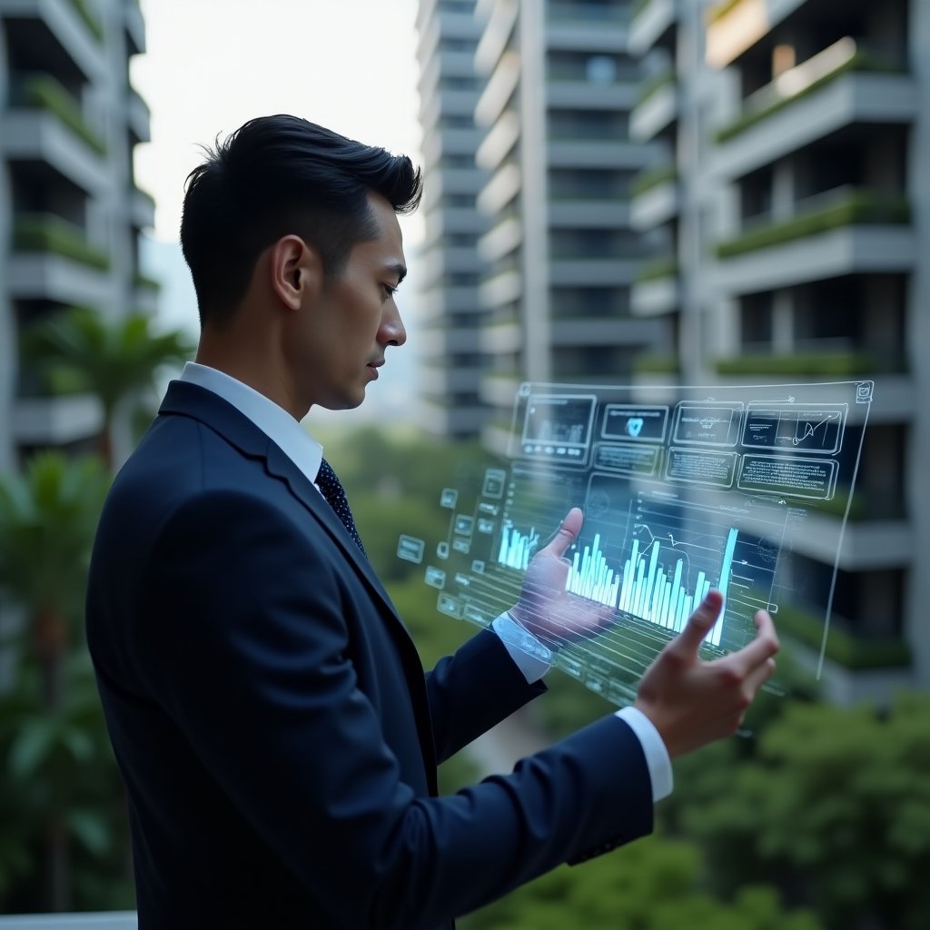 (Ultra-realistic condominium manager in a navy suit, set in a modern luxury condominium environment with high-rise buildings and lush landscaping, medium shot of them examining floating holographic financial charts and balance-sheet icons with a confident, focused expression, symbolic hologram of analytics dashboards glowing beside them, cinematic lighting, shallow depth of field, highly detailed textures, realistic skin, photographic realism, 8k resolution --ar 1:1 --v 6)