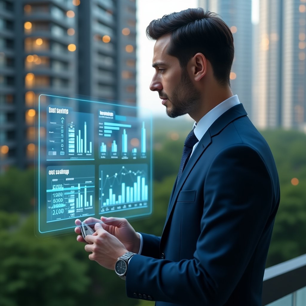(Ultra-realistic condominium manager in a navy blue suit, set in a modern luxury condominium environment with high-rise buildings and meticulously landscaped greenery, analyzing a floating holographic dashboard displaying cost-saving charts and IoT sensor icons, with a focused and confident expression, cinematic lighting, shallow depth of field, highly detailed textures, realistic skin, photographic realism, 8k resolution --ar 1:1 --v 6)