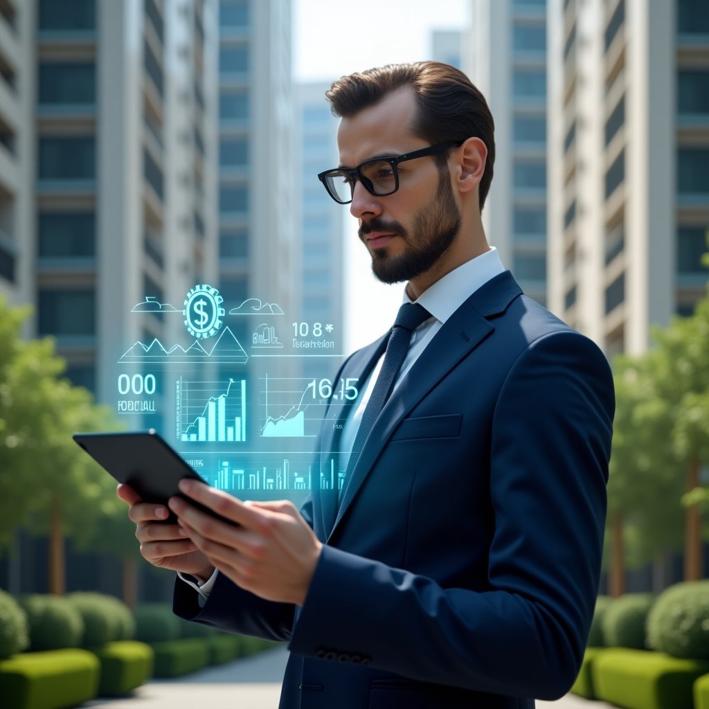 Ultra-realistic condominium manager in a navy blue suit, set in a modern luxury condominium environment with high-rise buildings and lush green landscaping, holding a tablet projecting holographic financial charts and cost-reduction metrics, surrounded by floating icons of graphs, dollar signs, and gears, confident and focused expression, cinematic lighting, shallow depth of field, highly detailed textures, realistic skin, photographic realism, 8k resolution --ar 1:1 --v 6