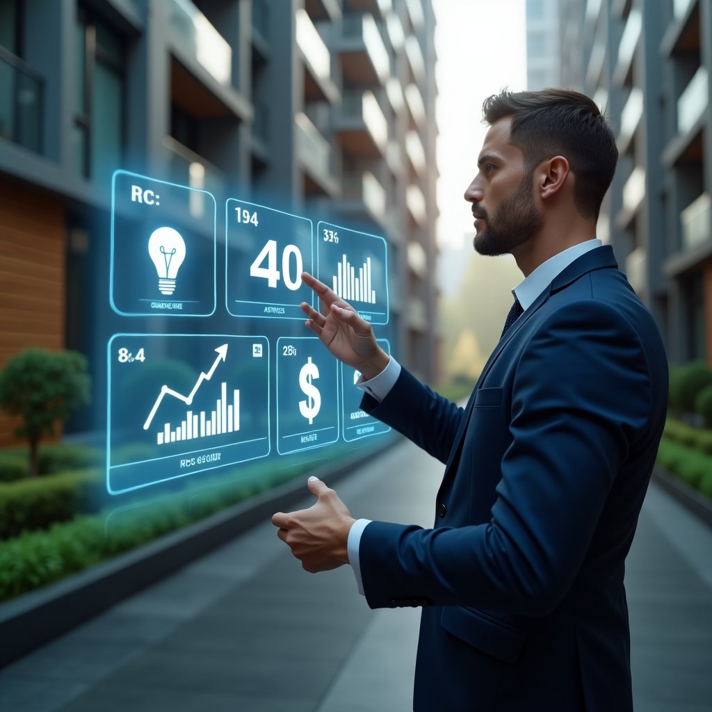 (Ultra-realistic condominium manager in a dark blue suit, set in a modern luxury condominium environment with high-rise buildings and meticulously landscaped greenery, mid–frame close-up of a confident professional analyzing a holographic dashboard of cost-reduction charts and service icons (light bulb, wrench, dollar sign), cinematic lighting, shallow depth of field, highly detailed textures, realistic skin, photographic realism, 8k resolution --ar 1:1 --v 6)