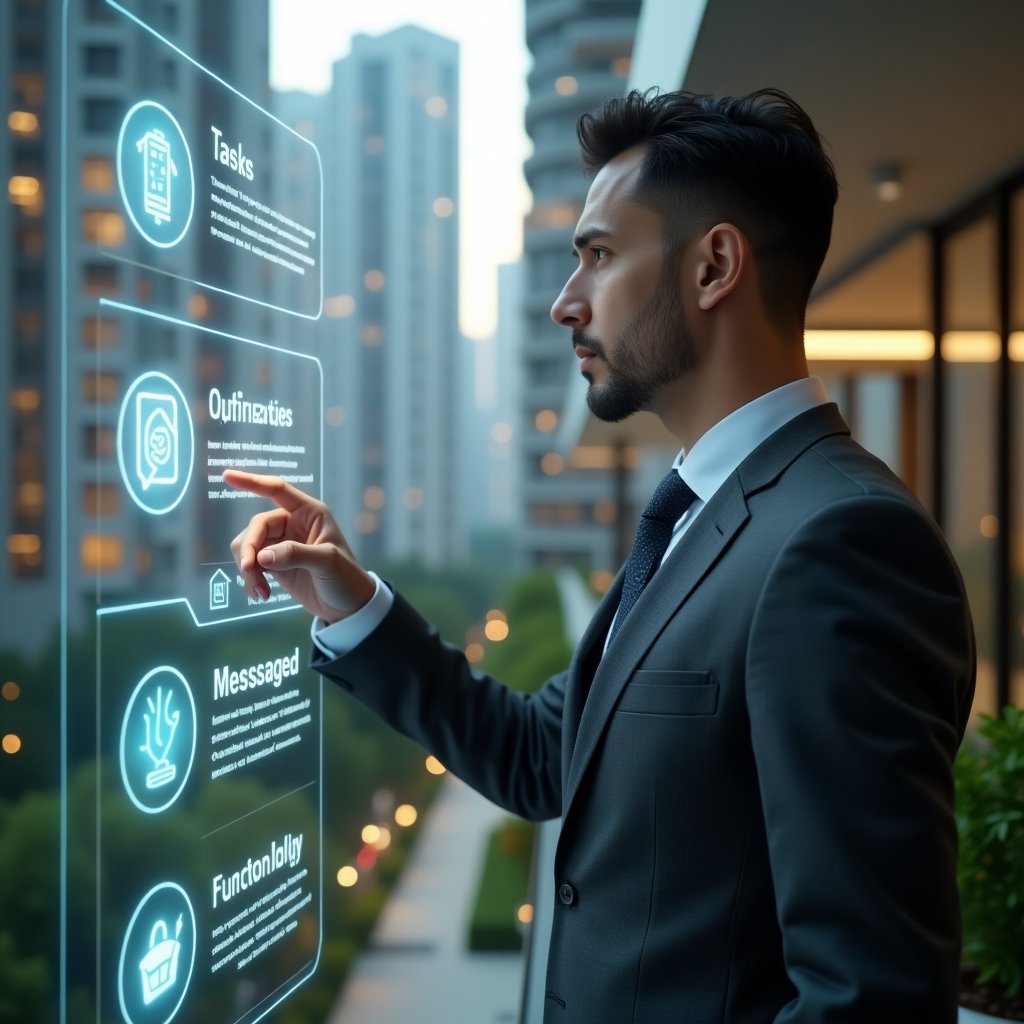 Ultra-realistic condominium manager in a charcoal gray tailored suit, set in a modern luxury condominium environment with high-rise buildings and lush green landscaping, interacting with a holographic touchscreen displaying icons for tasks, finances, and messaging, confidently pointing at a glowing “5 essential functions” interface, cinematic lighting, shallow depth of field, highly detailed textures, realistic skin, photographic realism, 8k resolution --ar 1:1 --v 6