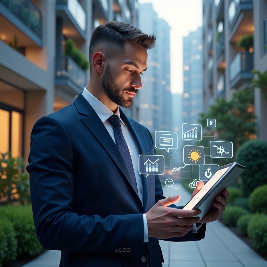 (Ultra-realistic condominium manager in a navy blue tailored suit, set in a modern luxury condominium environment with high-rise buildings and manicured gardens, holding a digital tablet projecting holographic icons of financial charts, chat bubbles, maintenance tools, and calendar events, looking confidently at the interface, cinematic lighting, shallow depth of field, highly detailed textures, realistic skin, photographic realism, 8k resolution --ar 1:1 --v 6)
