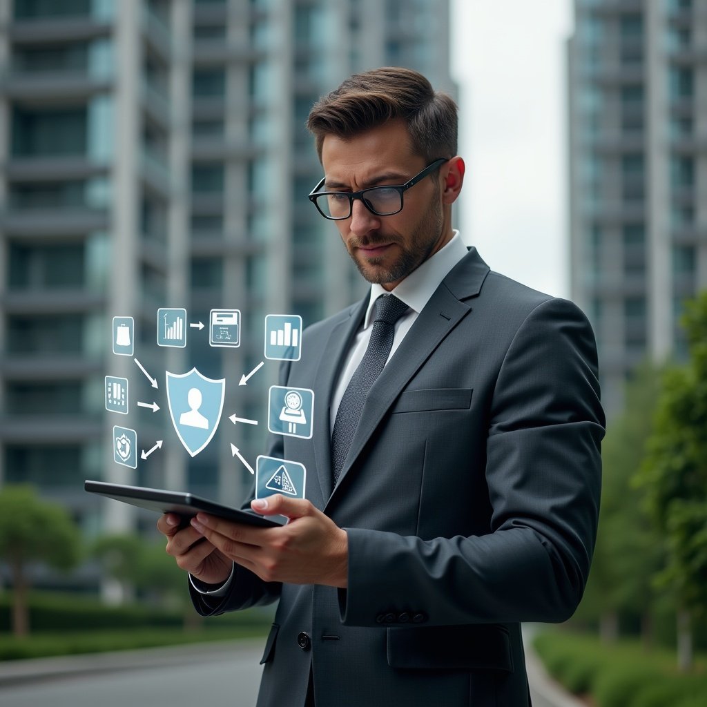 Ultra-realistic condominium manager in a dark gray tailored suit, set in a modern luxury condominium environment with high-rise buildings and green landscaping, holding a transparent tablet projecting holographic icons of finance charts, chat bubbles, reservation calendar, security shield and maintenance tools, confident and focused expression, cinematic lighting, shallow depth of field, highly detailed textures, realistic skin, photographic realism, 8k resolution --ar 1:1 --v 6