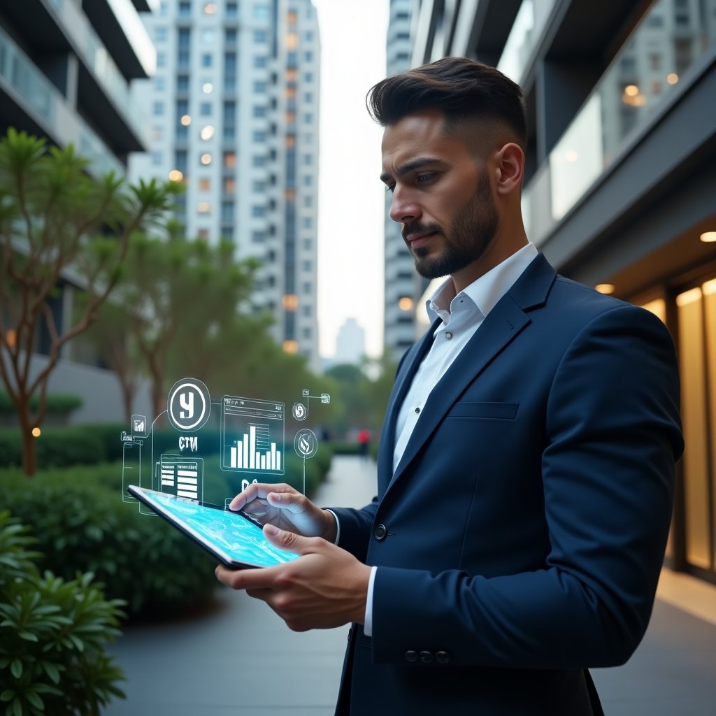 Ultra-realistic condominium manager in a navy suit, set in a modern luxury condominium environment with high-rise buildings and lush green landscaping, holding a tablet displaying holographic energy and expense charts, sensor icons and automated report visuals floating around, confidently analyzing data, cinematic lighting, shallow depth of field, highly detailed textures, realistic skin, photographic realism, 8k resolution --ar 1:1 --v 6