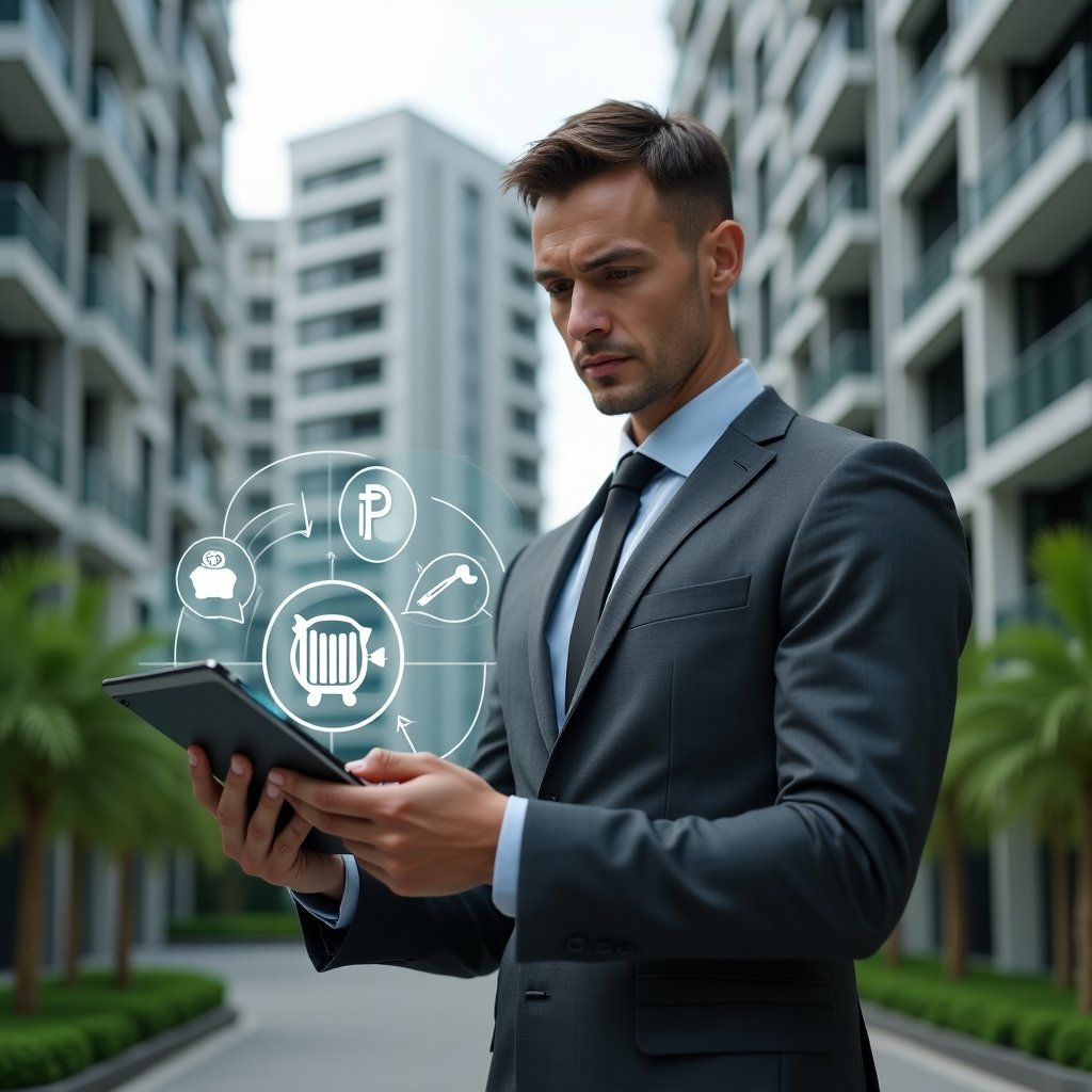 (Ultra-realistic condominium manager in a charcoal gray suit, set in a modern luxury condominium environment with high-rise buildings and well-manicured green landscaping, holding a tablet and examining a holographic cost reduction chart with floating icons of a shielded piggy bank and maintenance tools, confident expression, cinematic lighting, shallow depth of field, highly detailed textures, realistic skin, photographic realism, 8k resolution --ar 1:1 --v 6)