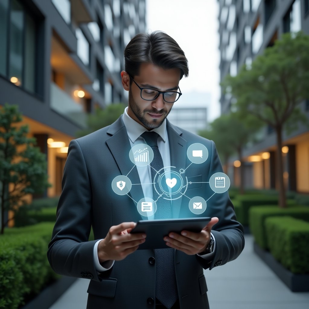 Ultra-realistic condominium manager in a charcoal gray suit, set in a modern luxury condominium environment with high-rise buildings and manicured green spaces, holding a tablet displaying holographic icons of financial charts, chat bubbles, calendar and checklists, confidently analyzing the digital interface, cinematic lighting, shallow depth of field, highly detailed textures, realistic skin, photographic realism, 8k resolution --ar 1:1 --v 6