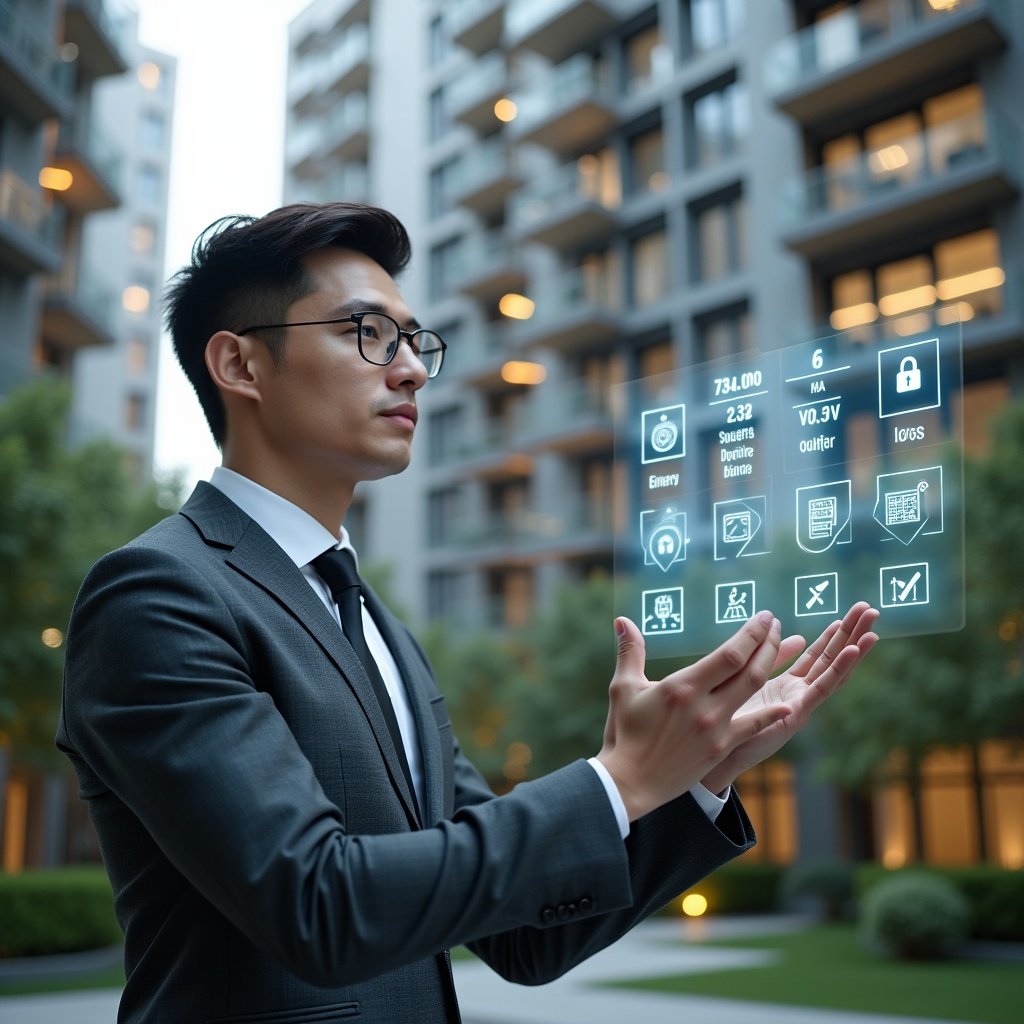 Ultra-realistic property manager in a charcoal gray suit, set in a modern luxury condominium environment with high-rise buildings and meticulously landscaped greenery, examining a floating holographic interface of smart building controls with icons for energy, security, and automation, confident expression, cinematic lighting, shallow depth of field, highly detailed textures, realistic skin, photographic realism, 8k resolution --ar 1:1 --v 6