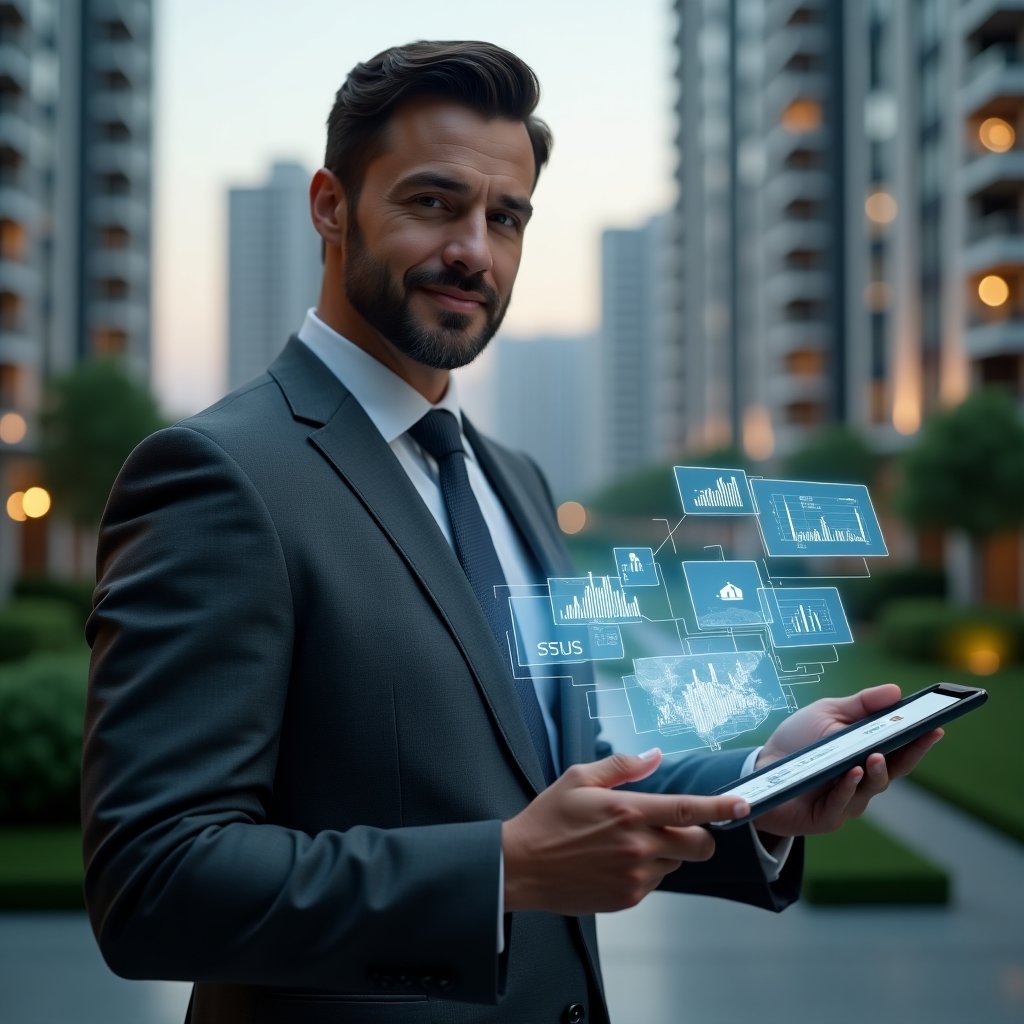 Ultra-realistic property manager in a charcoal gray executive suit, set in a modern luxury condominium environment with high-rise buildings and manicured gardens, holding a digital tablet displaying floating holographic icons of a condo management app and charts, attentively interacting with the interface, holographic blueprints of a building in the background, confident and focused expression, cinematic lighting, shallow depth of field, highly detailed textures, realistic skin, photographic realism, 8k resolution --ar 1:1 --v 6