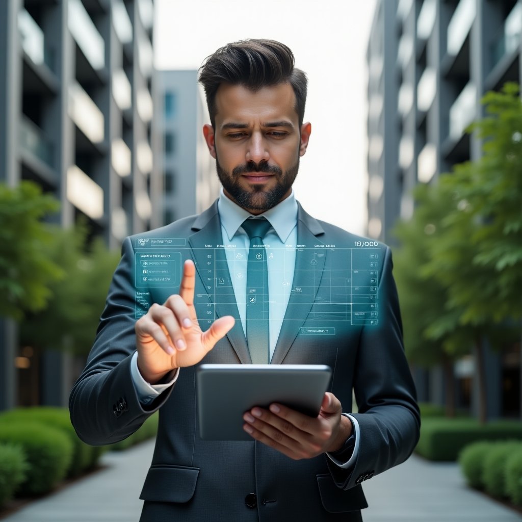 (Ultra-realistic condominium manager in a charcoal gray executive suit, set in a modern luxury condominium environment with high-rise buildings and meticulously manicured green landscaping, holding a tablet and pointing at a floating holographic weekly schedule interface, holographic calendar icons and task checkmarks surrounding them, conveying confidence and focus, cinematic lighting, shallow depth of field, highly detailed textures, realistic skin, photographic realism, 8k resolution --ar 1:1 --v 6)