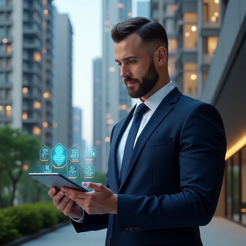 Ultra-realistic condominium manager in a tailored dark blue suit, set in a modern luxury condominium environment with high-rise buildings and manicured greenery, mid shot holding a transparent tablet with glowing holographic interface icons (resident profiles, calendar bookings, financial graphs, maintenance tools), confident and focused expression, cinematic lighting, shallow depth of field, highly detailed textures, realistic skin, photographic realism, 8k resolution --ar 1:1 --v 6