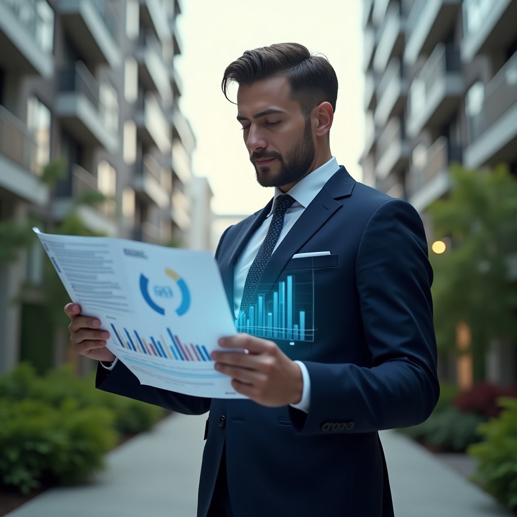 Ultra-realistic condominium manager in a navy executive suit, set in a modern luxury condominium environment with high-rise buildings and manicured greenery, reviewing holographic financial charts and holding organized documents in hand to illustrate a clear and reliable accounting process, confident and focused expression, cinematic lighting, shallow depth of field, highly detailed textures, realistic skin, photographic realism, 8k resolution --ar 1:1 --v 6