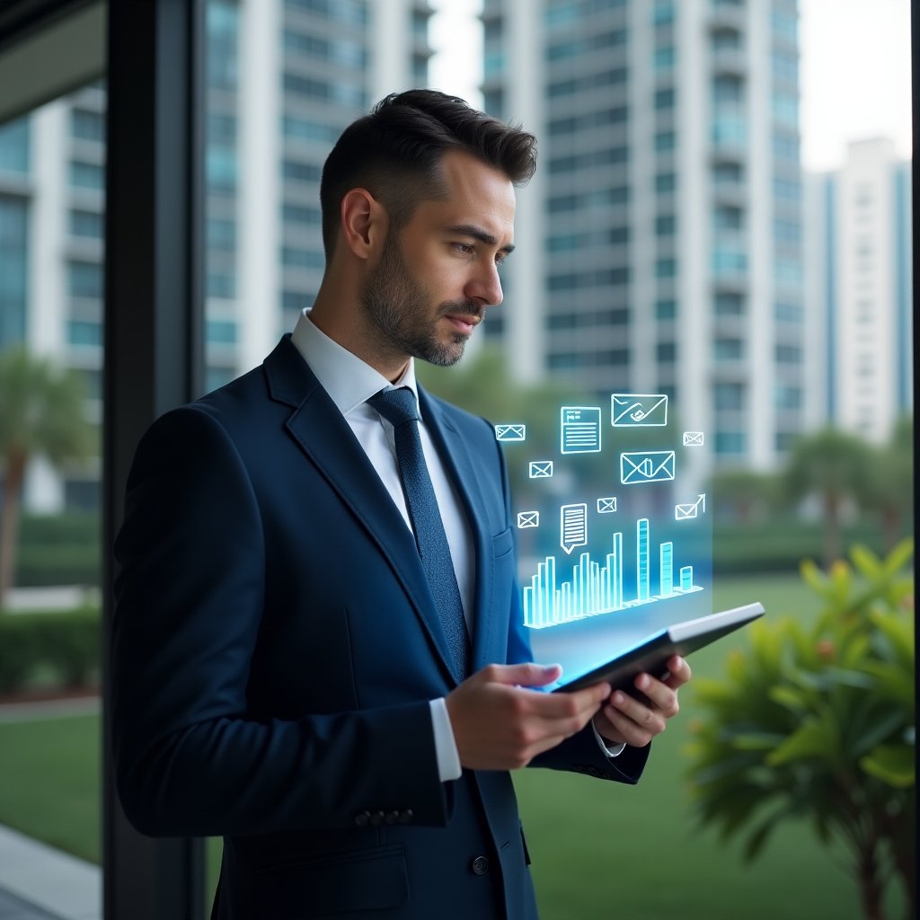 (Ultra-realistic condominium manager in a sleek navy suit, set in a modern luxury condominium environment with high-rise buildings and manicured greenery, confident and focused expression, holding a transparent tablet projecting holographic financial charts and bar graphs, floating icons of reports and communication envelopes, cinematic lighting, shallow depth of field, highly detailed textures, realistic skin, photographic realism, 8k resolution --ar 1:1 --v 6)