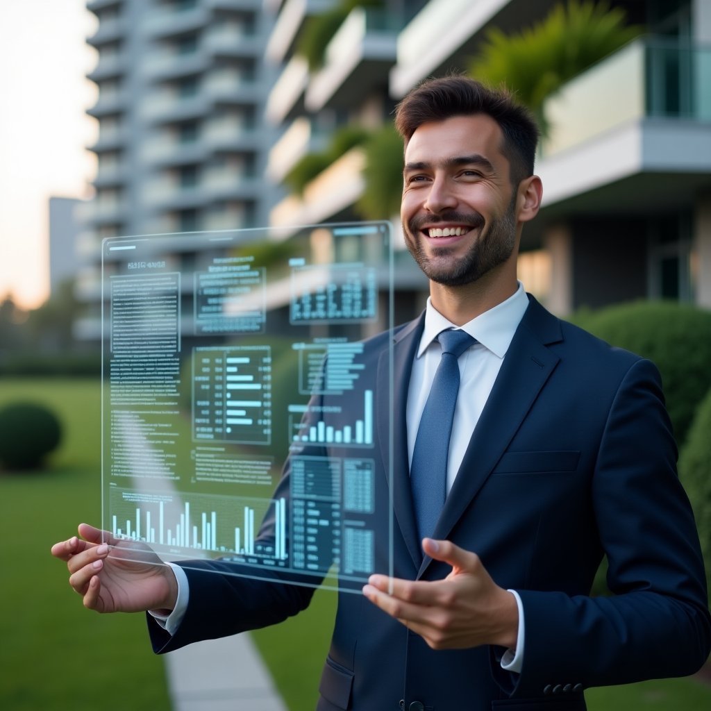 (Ultra-realistic condominium manager in a navy business suit, set in a modern luxury condominium environment with high-rise buildings and lush green landscaping, holding transparent holographic financial charts displaying clear reports, smiling confidently while reviewing data, cinematic lighting, shallow depth of field, highly detailed textures, realistic skin, photographic realism, 8k resolution --ar 1:1 --v 6)