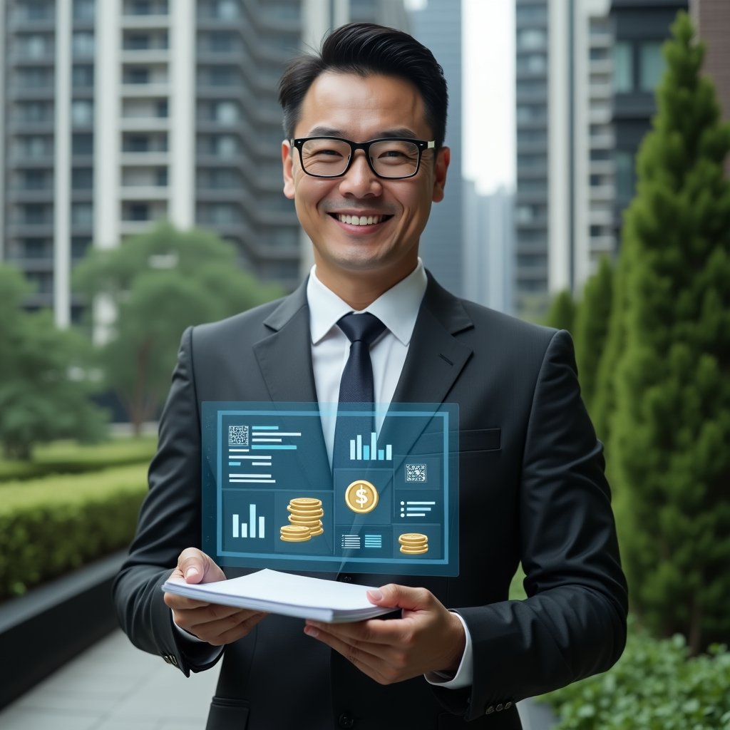 (Ultra-realistic condominium manager in a dark gray tailored suit, set in a modern luxury condominium environment with high-rise buildings and lush green landscaping, holding a transparent holographic ledger displaying financial charts and receipt and coin icons, confident and focused expression, cinematic lighting, shallow depth of field, highly detailed textures, realistic skin, photographic realism, 8k resolution --ar 1:1 --v 6)