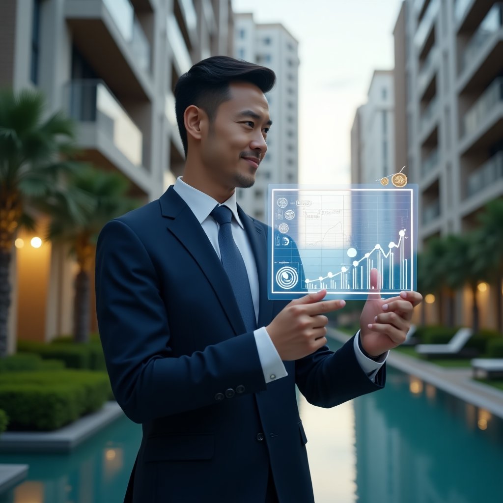 Ultra-realistic condominium manager in a tailored navy suit, set in a modern luxury condominium environment with high-rise buildings and manicured green landscaping, holding a transparent holographic financial report displaying clear charts and graphs, confidently pointing at the data with a slight smile, symbolic floating icons of coins and balance scales beside them, cinematic lighting, shallow depth of field, highly detailed textures, realistic skin, photographic realism, 8k resolution --ar 1:1 --v 6