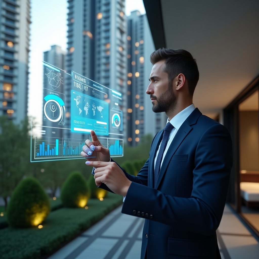 (Ultra-realistic condominium manager in a tailored navy suit, set in a modern luxury condominium environment with high-rise buildings and lush green landscaping, interacting with a floating holographic dashboard of financial charts and security icons, confidently tapping digital graphs that represent advanced management app features, cinematic lighting, shallow depth of field, highly detailed textures, realistic skin, photographic realism, 8k resolution --ar 1:1 --v 6)