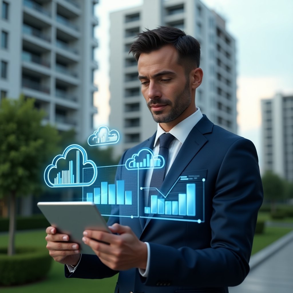 (Ultra-realistic condominium manager in a navy executive suit, set in a modern luxury condominium environment with high-rise buildings and manicured green landscaping, holding a tablet displaying holographic cloud-based management dashboards, confidently analyzing digital charts and cloud icons floating beside them, cinematic lighting, shallow depth of field, highly detailed textures, realistic skin, photographic realism, 8k resolution --ar 1:1 --v 6)