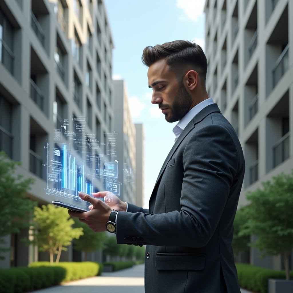 (Ultra-realistic condominium manager in a charcoal gray tailored suit, set in a modern luxury condominium environment with high-rise buildings and manicured green landscaping, examining a floating holographic budget chart and cost–saving graphs with a confident, focused expression, digital contract icons and transparent financial dashboards hovering around him, cinematic lighting, shallow depth of field, highly detailed textures, realistic skin, photographic realism, 8k resolution --ar 1:1 --v 6)