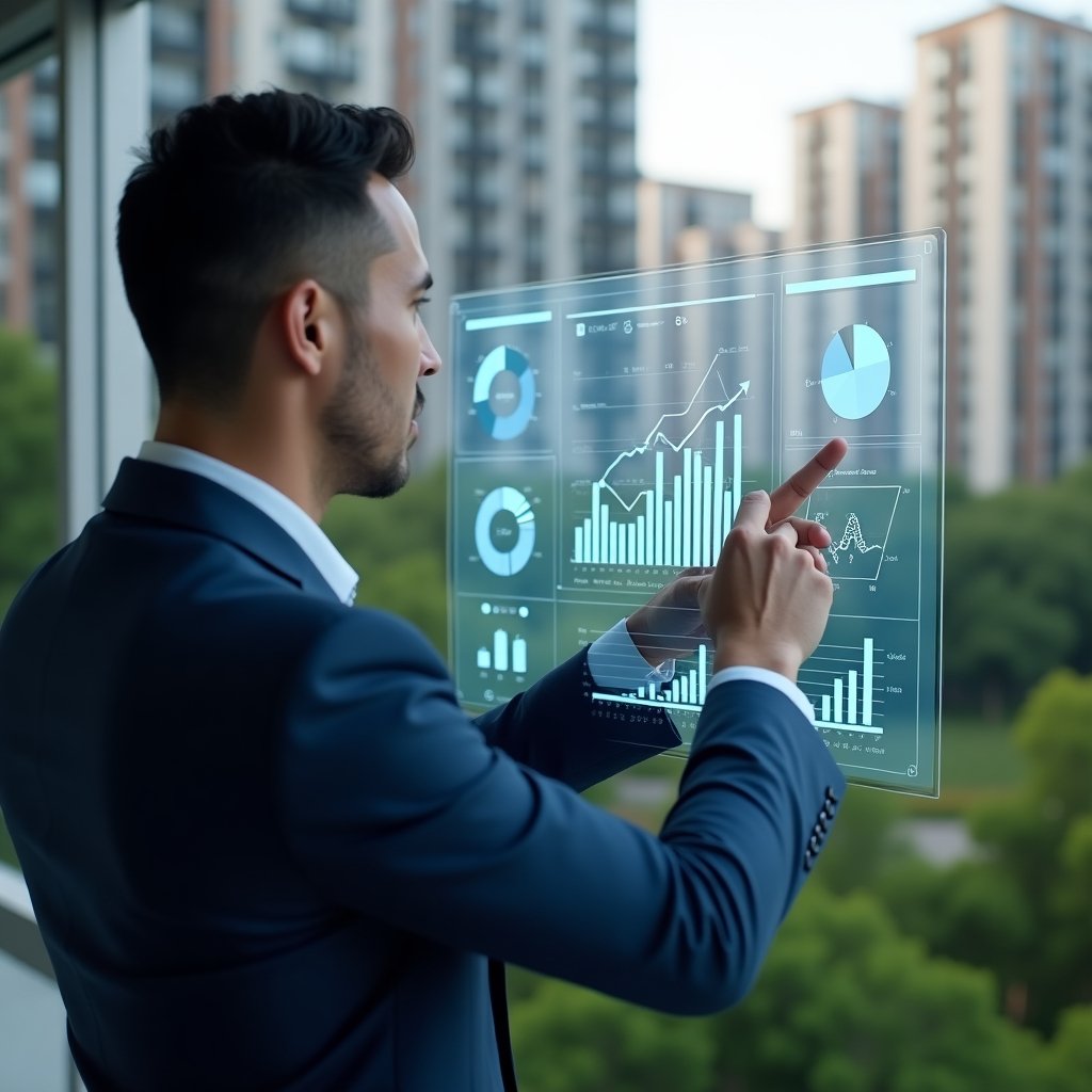 Ultra-realistic condominium manager in a navy blue suit, set in a modern luxury condominium environment with high-rise buildings and manicured green landscaping, examining and pointing at a transparent holographic financial dashboard displaying bar charts, pie graphs and performance indicators, confident and focused expression, cinematic lighting, shallow depth of field, highly detailed textures, realistic skin, photographic realism, 8k resolution --ar 1:1 --v 6