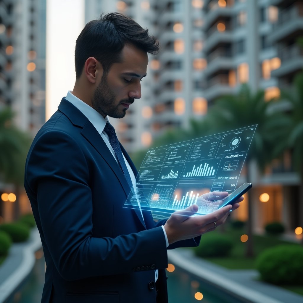 Ultra-realistic condominium manager in a tailored navy suit, set in a modern luxury condominium environment with high-rise buildings and manicured green landscaping, analyzing a holographic financial dashboard displaying charts and key performance indicators, with floating icons of graphs, currency symbols and timers, looking confident and focused, cinematic lighting, shallow depth of field, highly detailed textures, realistic skin, photographic realism, 8k resolution --ar 1:1 --v 6