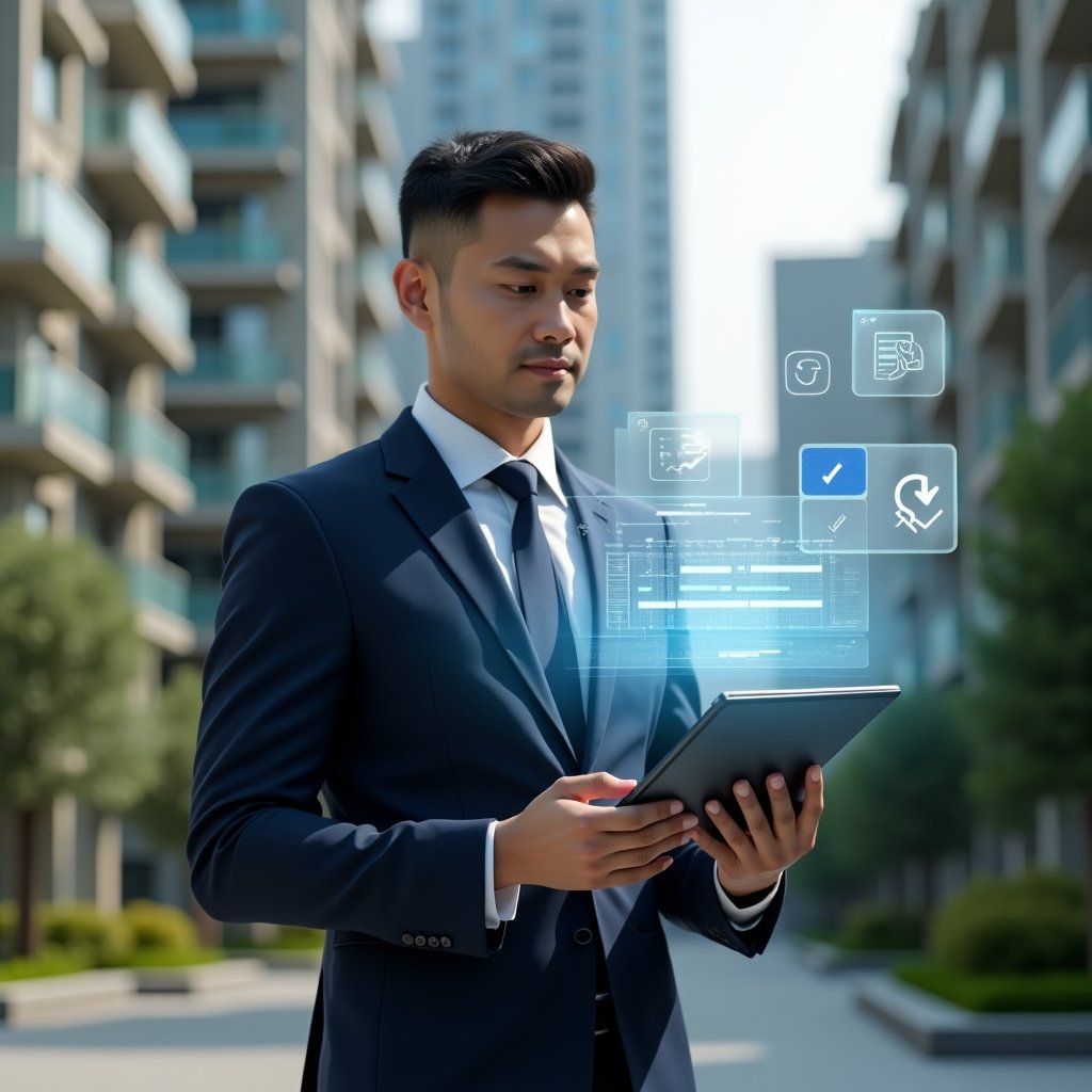 Ultra-realistic condominium manager in a navy executive suit, set in a modern luxury condominium environment with high-rise buildings and lush green landscaping, confidently holding a digital tablet displaying a holographic activity schedule, surrounded by floating calendar icons and maintenance checkmark holograms, cinematic lighting, shallow depth of field, highly detailed textures, realistic skin, photographic realism, 8k resolution --ar 1:1 --v 6