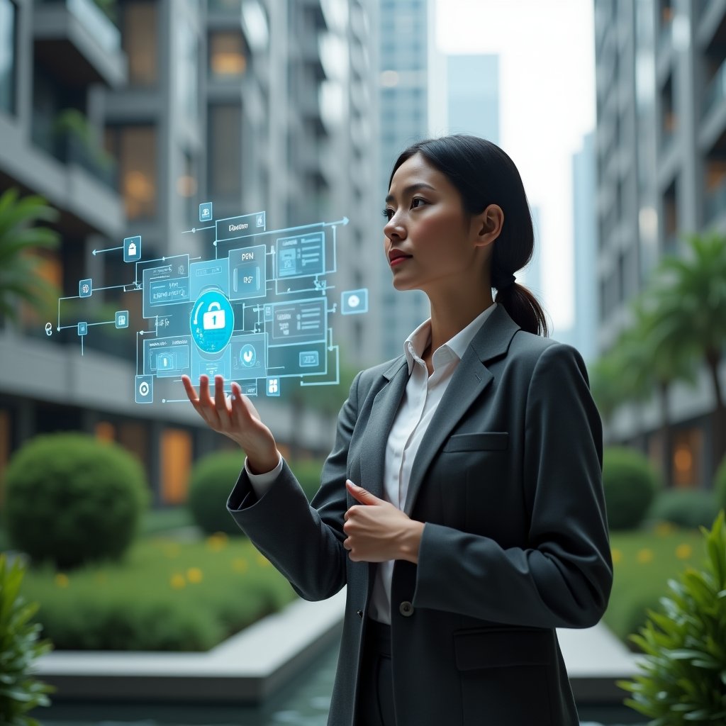 Ultra-realistic female condominium manager in a charcoal gray tailored suit, set in a modern luxury condominium environment with high-rise buildings and meticulously landscaped greenery, confidently reviewing a floating holographic dashboard of an aplicativo para condomínio, subtle app icons and communication symbols orbiting around her, cinematic lighting, shallow depth of field, highly detailed textures, realistic skin, photographic realism, 8k resolution --ar 1:1 --v 6