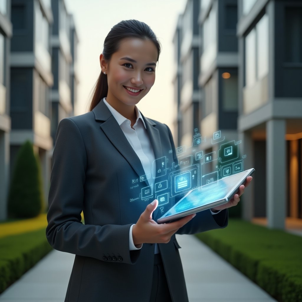 (Ultra-realistic condominium manager in a charcoal gray suit, set in a modern luxury condominium environment with high-rise buildings and manicured green landscaping, holding a tablet displaying a holographic dashboard of automated billing, messaging and reservation icons, confidently smiling while interacting with the interface, cinematic lighting, shallow depth of field, highly detailed textures, realistic skin, photographic realism, 8k resolution --ar 1:1 --v 6)