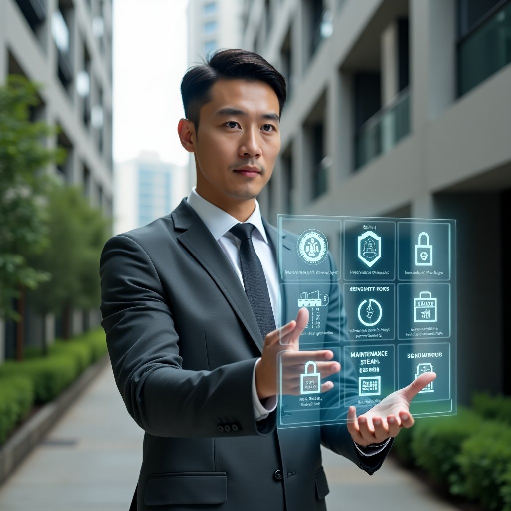(Ultra-realistic property manager in a charcoal gray suit, set in a modern luxury condominium environment with high-rise buildings and lush green landscaping, interacting with a floating holographic interface displaying maintenance icons, security locks, financial charts and reservation calendars, confident and focused expression, cinematic lighting, shallow depth of field, highly detailed textures, realistic skin, photographic realism, 8k resolution --ar 1:1 --v 6)