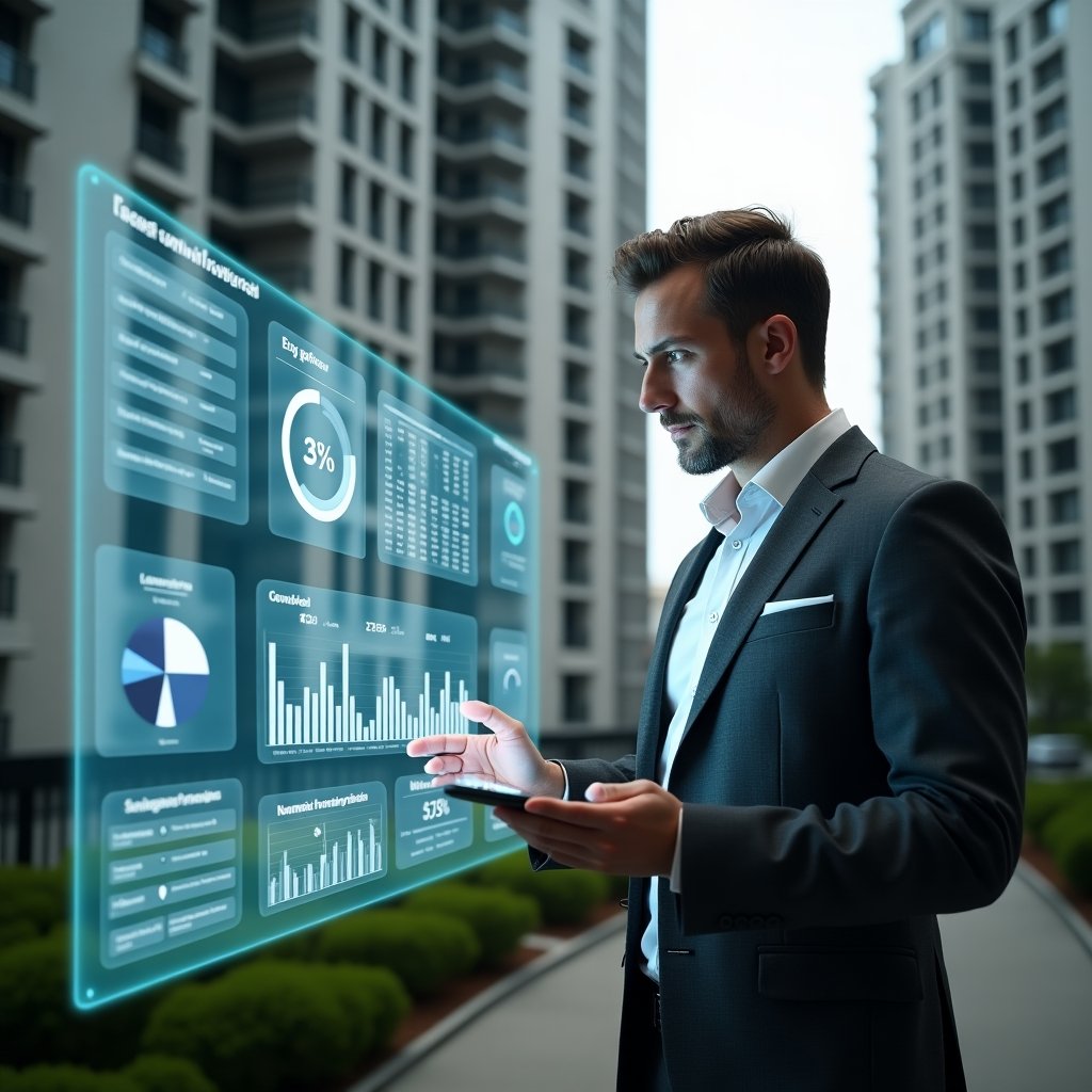 (Ultra-realistic condominium manager in a charcoal gray suit, set in a modern luxury condominium environment with high-rise buildings and green landscaping, analyzing a holographic financial dashboard displaying categorized expense charts and pie graphs, with floating 3D icons of currency symbols and bar graphs, confident and focused expression, cinematic lighting, shallow depth of field, highly detailed textures, realistic skin, photographic realism, 8k resolution --ar 1:1 --v 6)