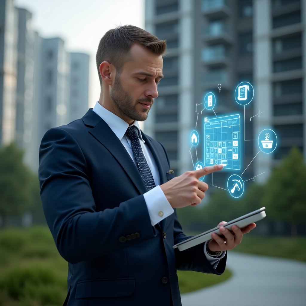 Ultra-realistic condominium manager in a navy blue suit, set in a modern luxury condominium environment with high-rise buildings and green landscaping, analyzing a holographic activity schedule with one hand pointing at a floating digital calendar and the other holding a tablet, confident and focused expression, holographic icons of maintenance tools and meeting alerts surrounding him, cinematic lighting, shallow depth of field, highly detailed textures, realistic skin, photographic realism, 8k resolution --ar 1:1 --v 6