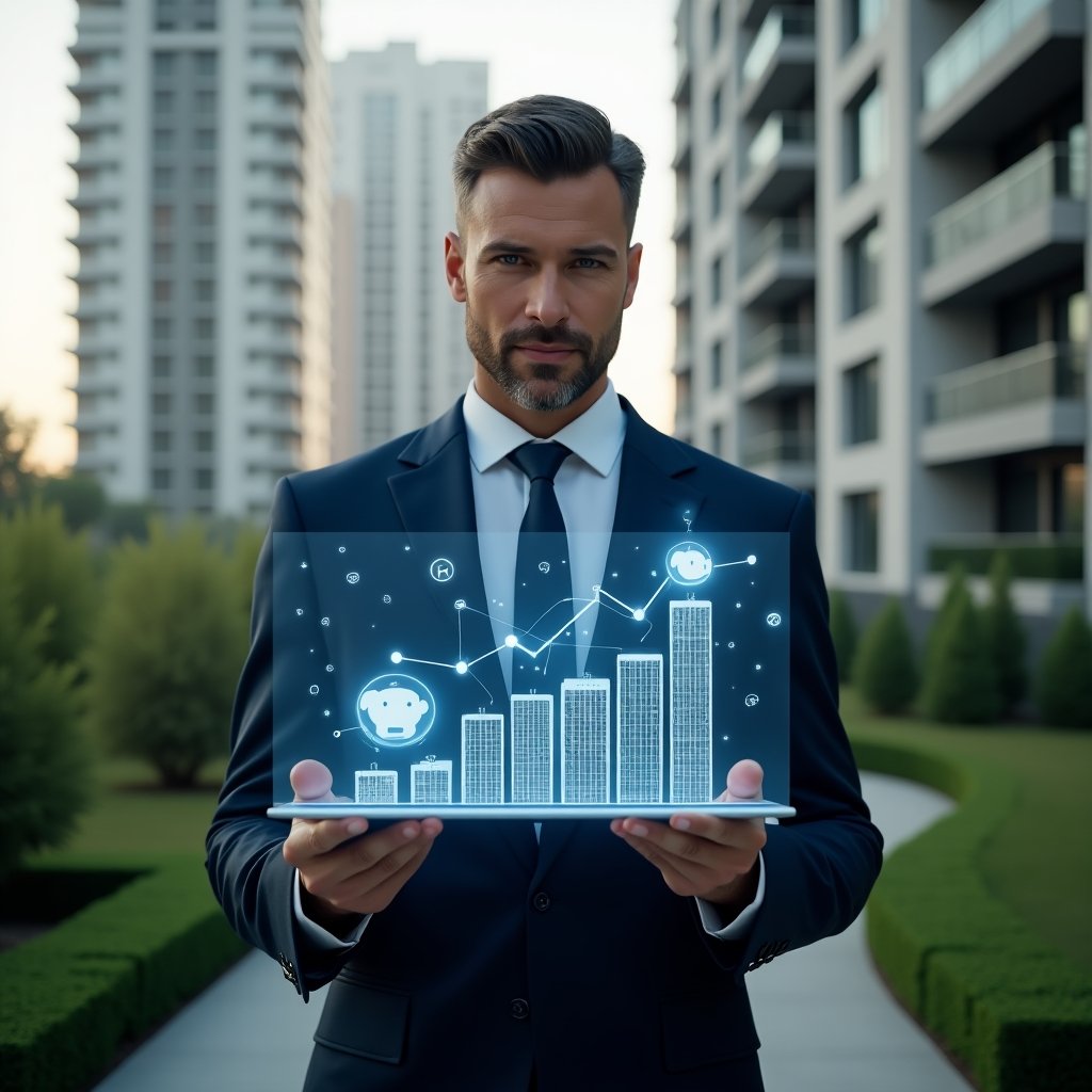 Ultra-realistic condominium manager in a navy suit, set in a modern luxury condominium environment with high-rise buildings and manicured green landscaping, holding and analyzing a holographic financial chart displaying cost-saving icons (piggy bank, energy bolt, contract), confident expression, cinematic lighting, shallow depth of field, highly detailed textures, realistic skin, photographic realism, 8k resolution --ar 1:1 --v 6