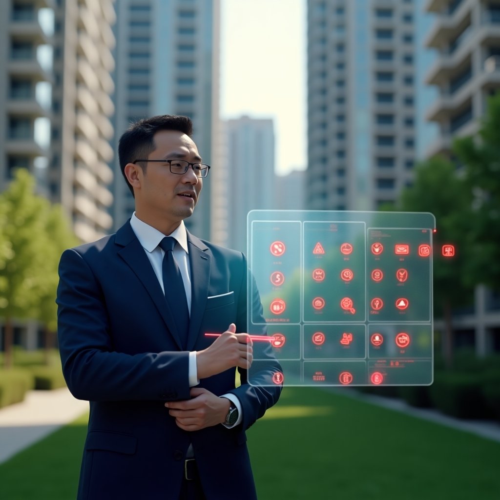 Ultra-realistic condominium manager in a navy suit, set in a modern luxury condominium environment with high-rise buildings and manicured green landscaping, reviewing a holographic checklist interface with red error icons representing common selection mistakes, holographic app icons floating around, thoughtful and confident expression, cinematic lighting, shallow depth of field, highly detailed textures, realistic skin, photographic realism, 8k resolution --ar 1:1 --v 6