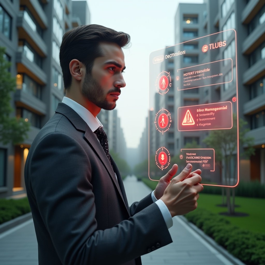 (Ultra-realistic property manager in a dark gray suit, set in a modern luxury condominium environment with high-rise buildings and manicured green landscaping, examining a floating holographic condominium management app interface with red warning icons and error alerts, serious and focused expression, cinematic lighting, shallow depth of field, highly detailed textures, realistic skin, photographic realism, 8k resolution --ar 1:1 --v 6)