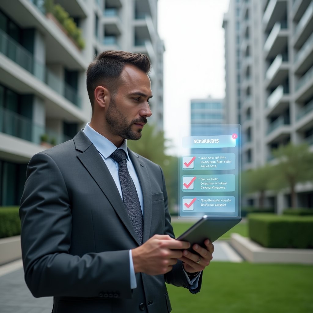 Ultra-realistic property manager in a charcoal gray executive suit, set in a modern luxury condominium environment with high-rise buildings and manicured green landscaping, standing in a medium shot while analyzing a holographic checklist of seven items with warning icons, holding a tablet displaying a sleek management app interface, focused and confident expression, cinematic lighting, shallow depth of field, highly detailed textures, realistic skin, photographic realism, 8k resolution --ar 1:1 --v 6
