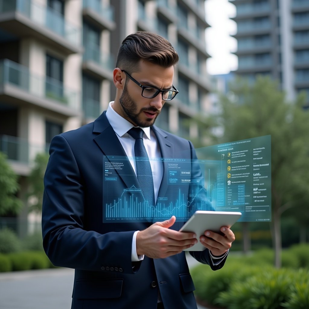 Ultra-realistic condominium manager in a navy executive suit, set in a modern luxury condominium environment with high-rise buildings and meticulously landscaped gardens, reviewing a digital financial report on a tablet with holographic charts and error alerts floating above, focused and confident expression, cinematic lighting, shallow depth of field, highly detailed textures, realistic skin, photographic realism, 8k resolution --ar 1:1 --v 6
