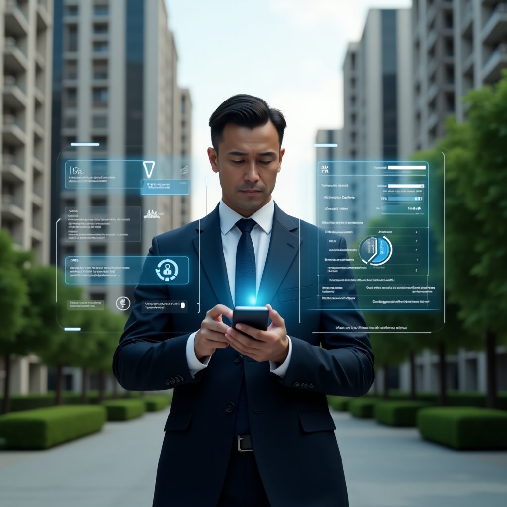 (Ultra-realistic condominium manager in a dark navy suit, set in a modern luxury condominium environment with high-rise buildings and manicured green landscaping, holding a smartphone and interacting with a floating holographic dashboard displaying warning icons and error symbols, expression serious and focused, cinematic lighting, shallow depth of field, highly detailed textures, realistic skin, photographic realism, 8k resolution --ar 1:1 --v 6)