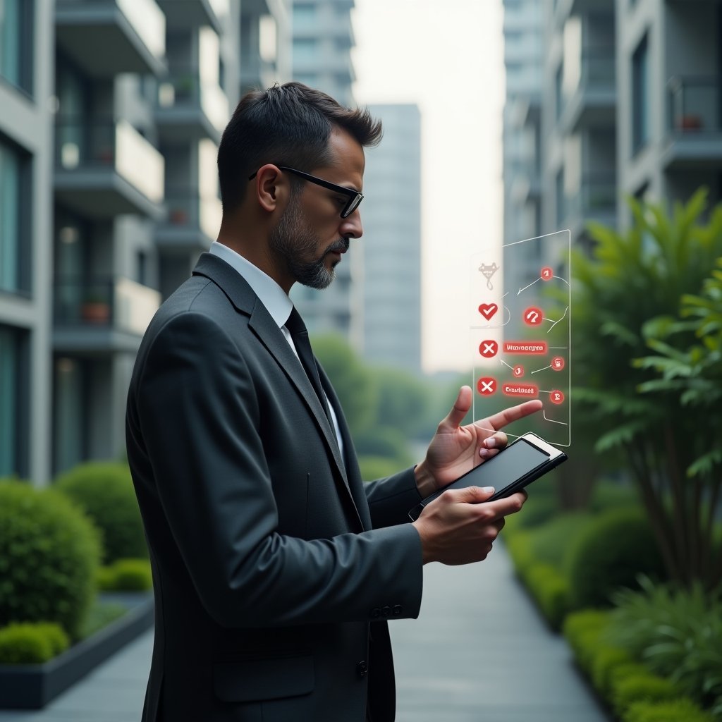 (Ultra-realistic condominium manager in a charcoal gray suit, set in a modern luxury condominium environment with high-rise buildings and lush green landscaping, holding a tablet with red warning icons and a holographic checklist showing seven crossed items, looking thoughtfully at the screen, cinematic lighting, shallow depth of field, highly detailed textures, realistic skin, photographic realism, 8k resolution --ar 1:1 --v 6)