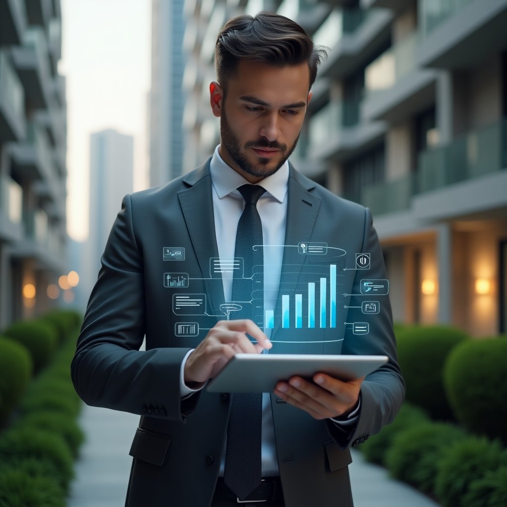 (Ultra-realistic condominium manager in a charcoal gray suit, set in a modern luxury condominium environment with high-rise buildings and manicured green landscaping, holding a digital tablet while analyzing a floating holographic financial report, with semi-transparent icons of charts and invoices surrounding them, confident and focused expression, cinematic lighting, shallow depth of field, highly detailed textures, realistic skin, photographic realism, 8k resolution --ar 1:1 --v 6)