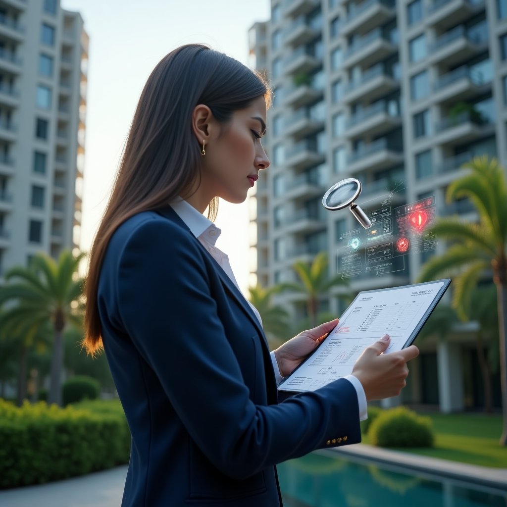 Ultra-realistic condominium manager in a navy blue suit, set in a modern luxury condominium environment with high-rise buildings and immaculate green landscaping, thoughtfully reviewing a holographic financial report with red error markers hovering around, a floating magnifying glass icon symbolizing scrutiny, cinematic lighting, shallow depth of field, highly detailed textures, realistic skin, photographic realism, 8k resolution --ar 1:1 --v 6
