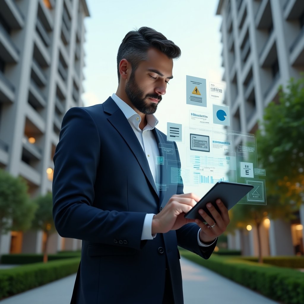 Ultra-realistic condominium manager in a navy executive suit, set in a modern luxury condominium environment with high-rise buildings and manicured green landscaping, holding a digital tablet displaying holographic financial charts and reports, examining them with a confident, analytical expression, floating icons of documents, pie charts and warning symbols representing accounting errors around him, cinematic lighting, shallow depth of field, highly detailed textures, realistic skin, photographic realism, 8k resolution --ar 1:1 --v 6