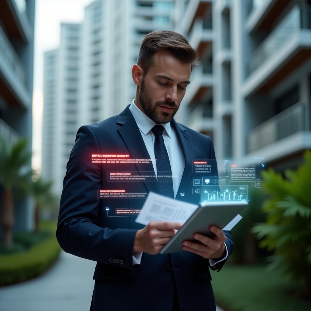 (Ultra-realistic condominium manager in a dark navy suit, set in a modern luxury condominium environment with high-rise buildings and lush green landscaping, examining financial documents on a floating holographic display marked with red error icons, holding a tablet with clear accounting reports, focused and confident expression, cinematic lighting, shallow depth of field, highly detailed textures, realistic skin, photographic realism, 8k resolution --ar 1:1 --v 6)