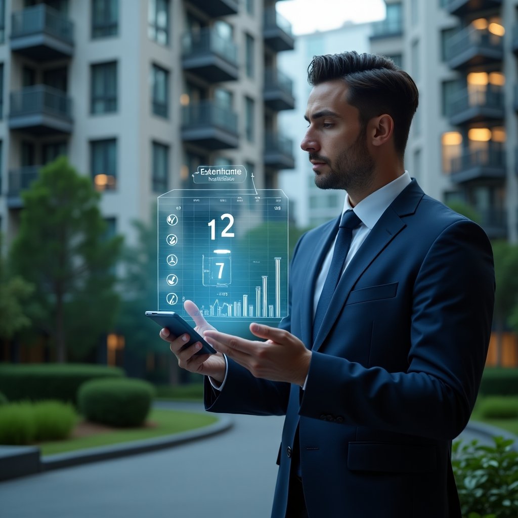 (Ultra-realistic condominium manager in a navy blue suit, set in a modern luxury condominium environment with high-rise buildings and lush green landscaping, mid-shot of a thoughtful professional examining a holographic financial report with floating error icons numbered 1 to 7, cinematic lighting, shallow depth of field, highly detailed textures, realistic skin, photographic realism, 8k resolution --ar 1:1 --v 6)