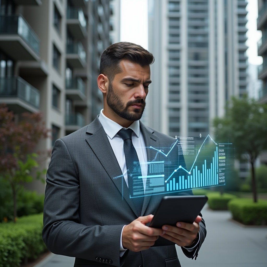 Ultra-realistic property manager in a charcoal gray suit, set in a modern luxury condominium environment with high-rise buildings and lush green landscaping, reviewing holographic financial charts with a thoughtful expression, holding a digital tablet displaying transparent account statements and iconographic graphs of income versus expenses, cinematic lighting, shallow depth of field, highly detailed textures, realistic skin, photographic realism, 8k resolution --ar 1:1 --v 6